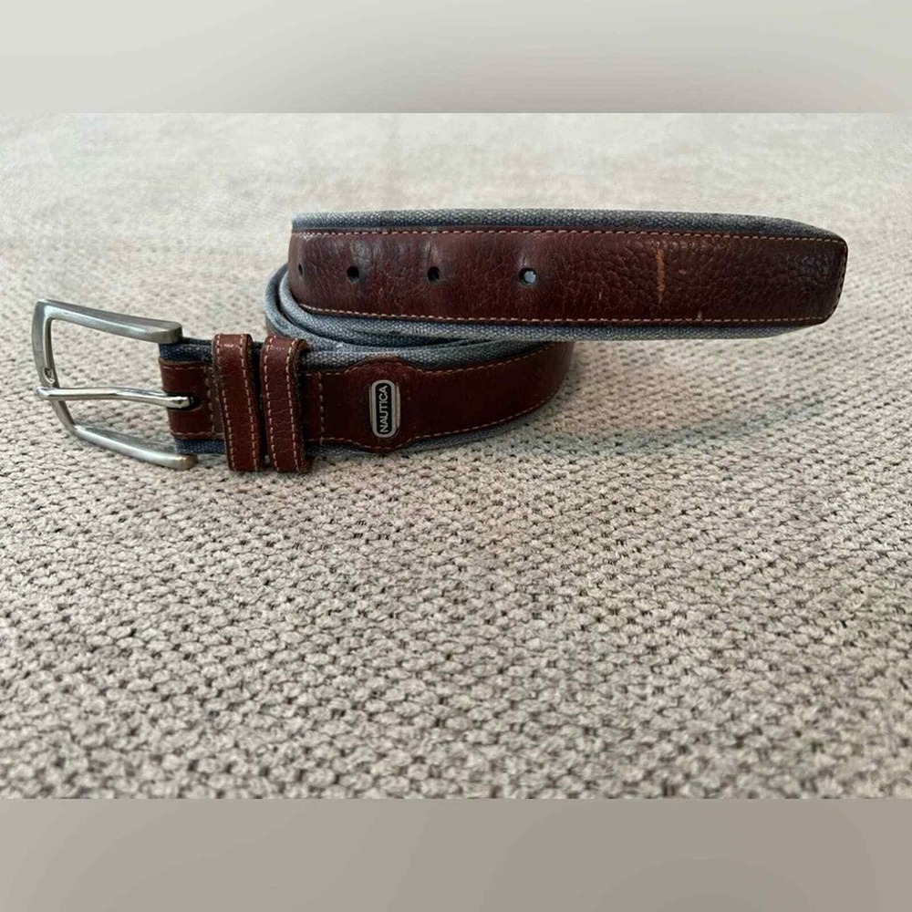 Vintage Nautica Blue Denim Canvas & Leather Belt 38